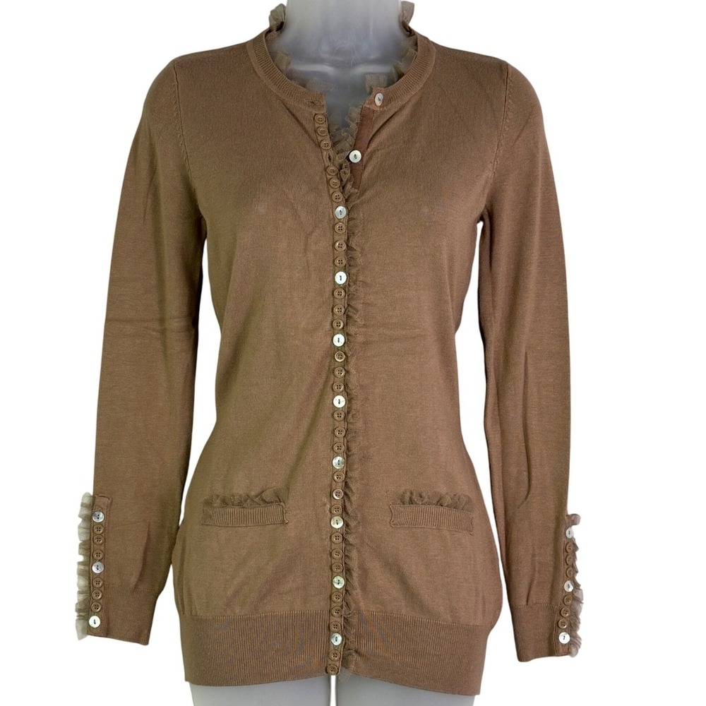 Y2k Preppy Coquette Ruffle Trim Cardigan sweater sz S Rory Gilmore Blair Waldorf